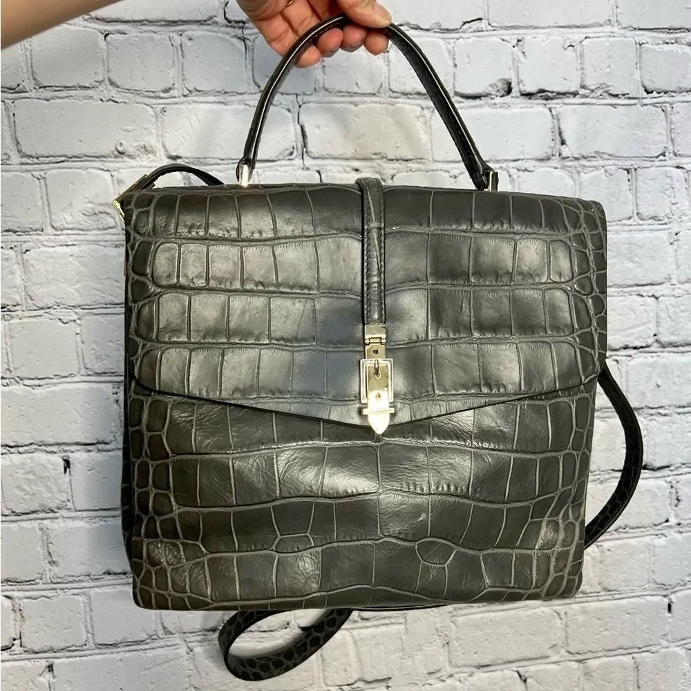 Kate Spade Gray Croc Embossed Leather Satchel Bag Quiet Luxury Chic Capsule